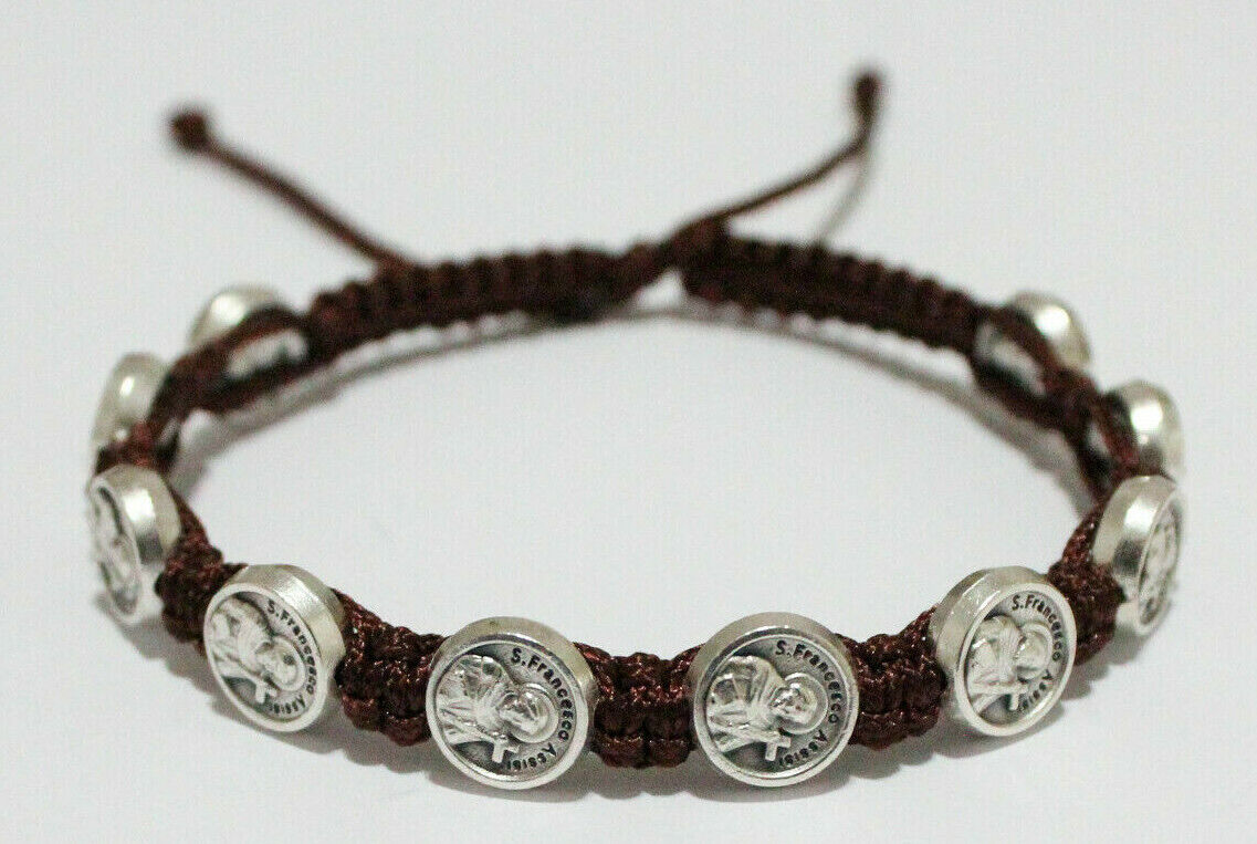 St Francis of Assisi Metal Medal Bracelet on Brown Cord Saint Francis of Assisi