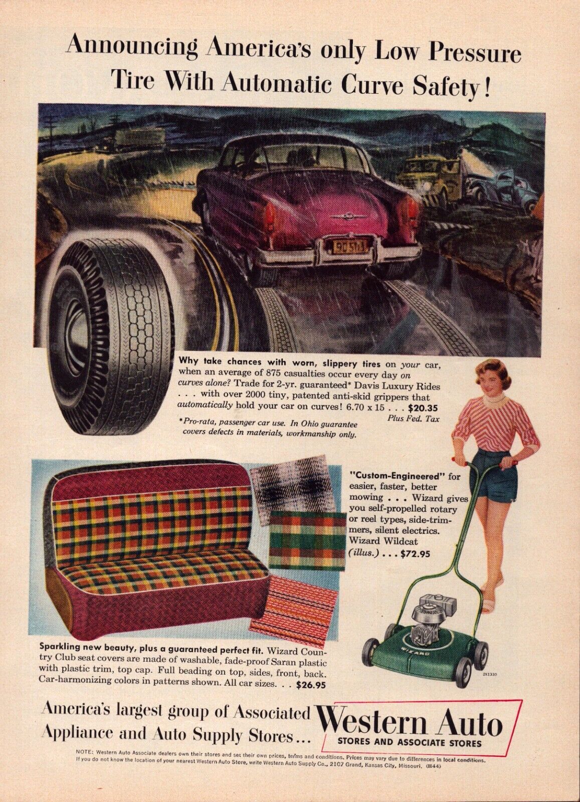 1954 Western Auto Vintage Print Ad Car Tires Seat Covers Lawn Mower