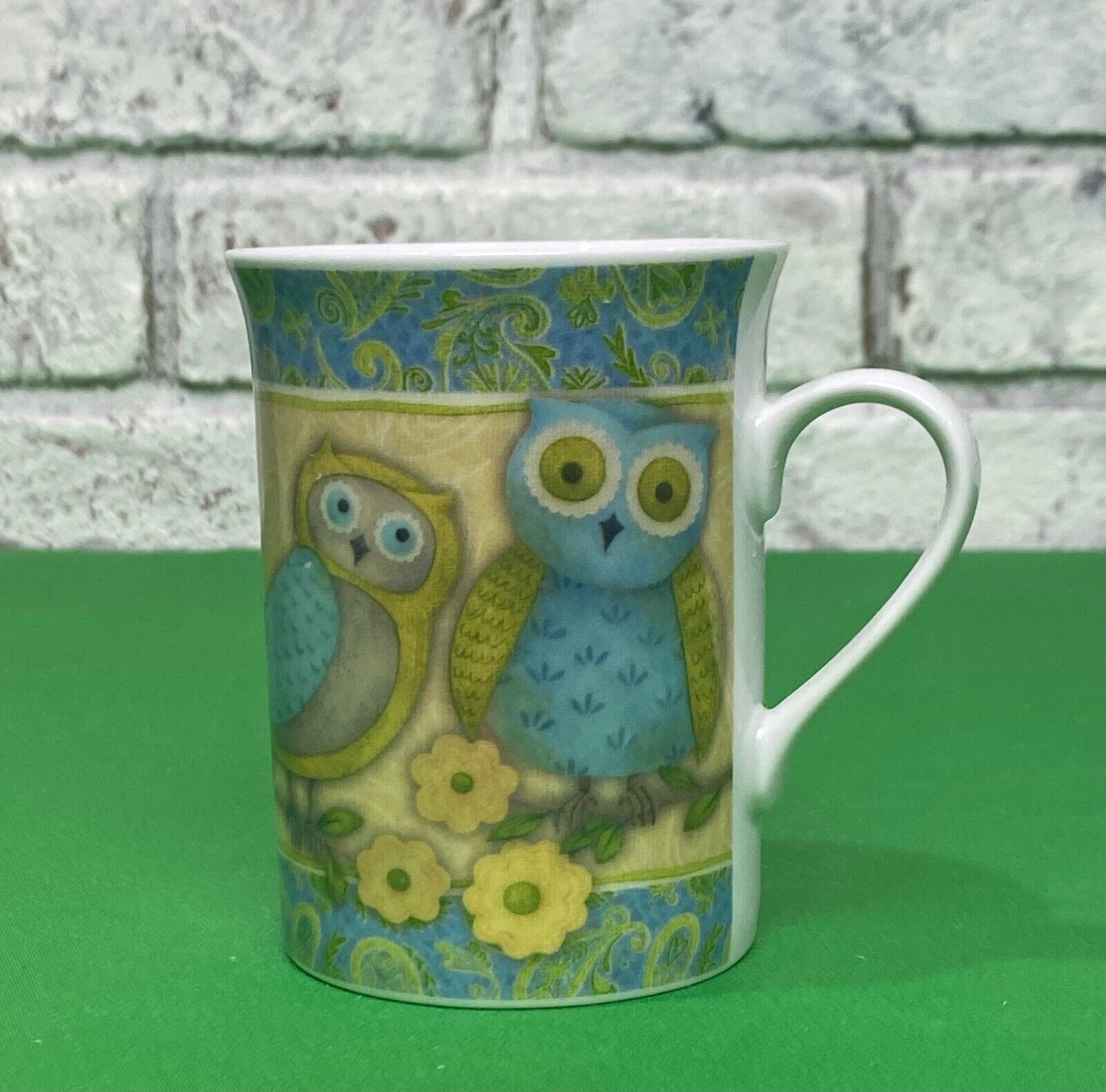 Vintage Debbie Mumm Owl Coffee Mug 8oz Blue Gold Owls & Flowers Country Kitchen