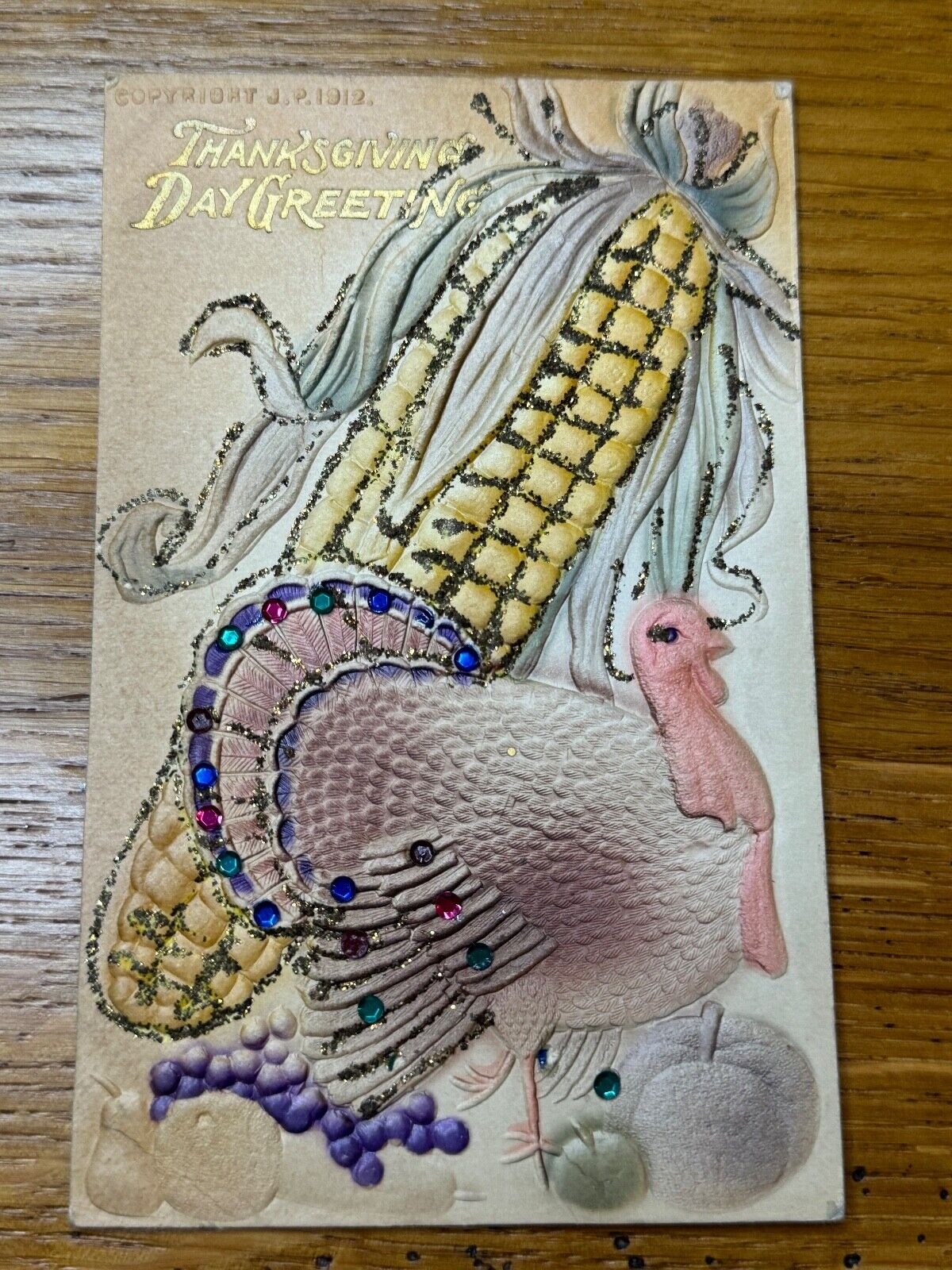 Antique 1914 Embossed Thanksgiving Day Turkey Corn JP Glitter Postcard