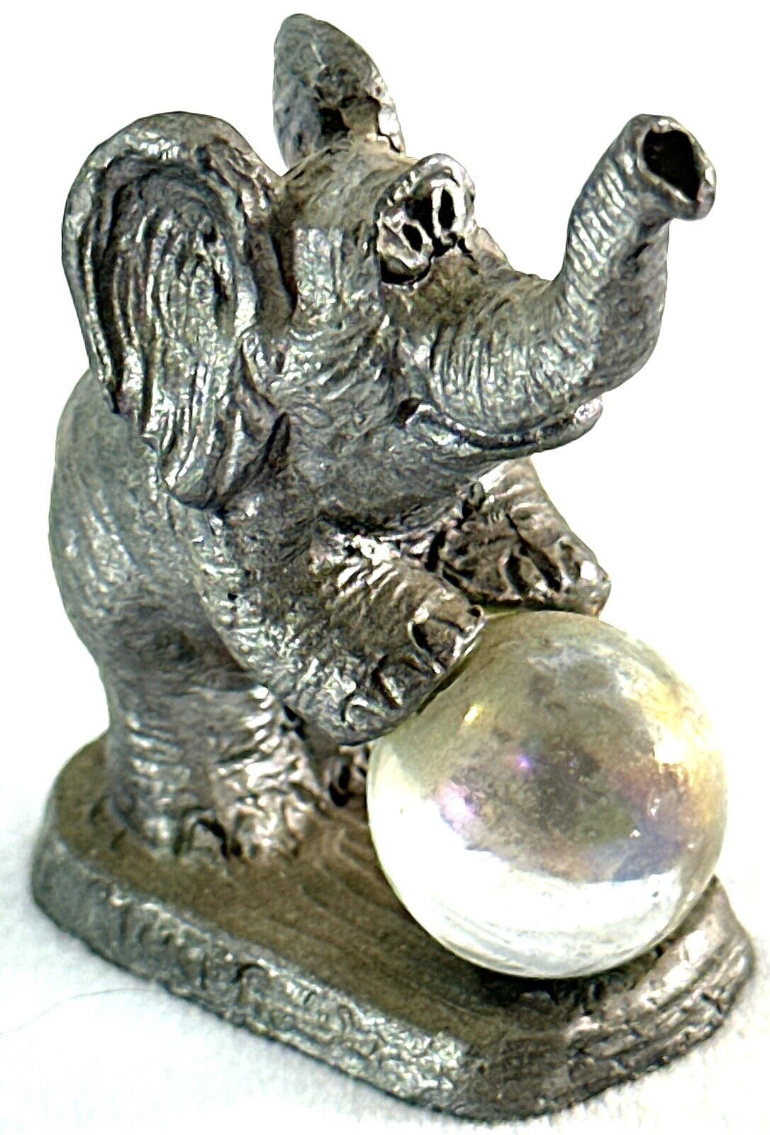 Adorable Miniature Pewter Elephant Figurine with Crystal Ball Vintage