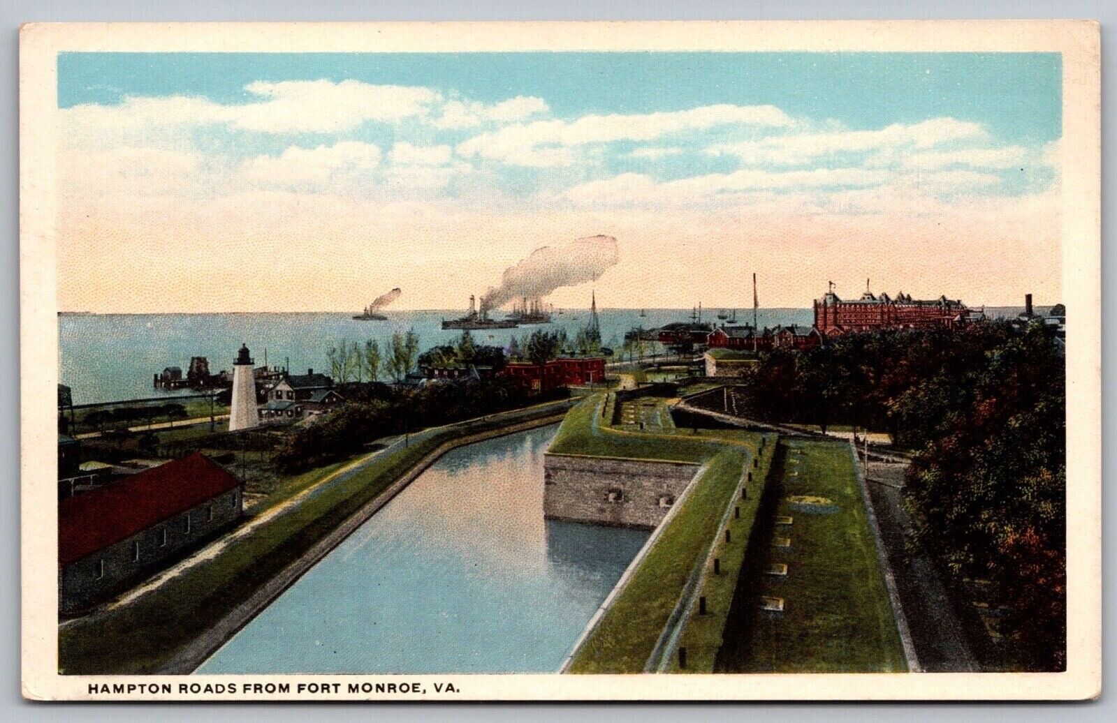 Hampton Roads Fort Monroe Virginia Birds Eye View Ships Dock Lighthouse Postcard