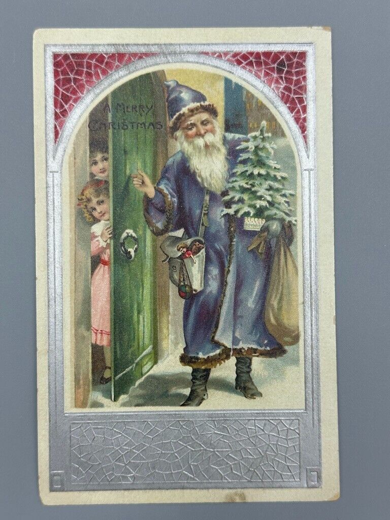 c 1910 BLUE Coated SANTA CLAUS Christmas Postcard Antique
