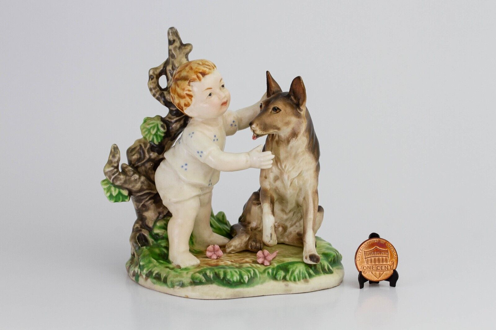 Vintage Antique German Porcelain Figurine, Boy with Dog, 4 3/8 Inch Tall