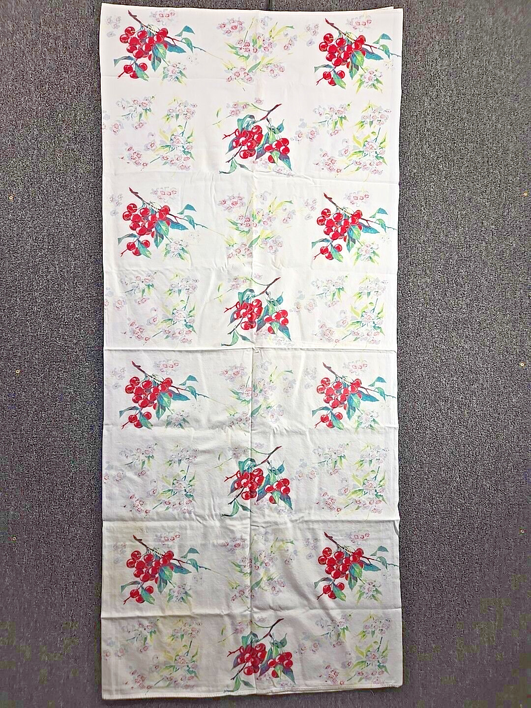 Vintage 50s Tablecloth 54x62 Cherries Blossom Farmhouse Cottage Country Red