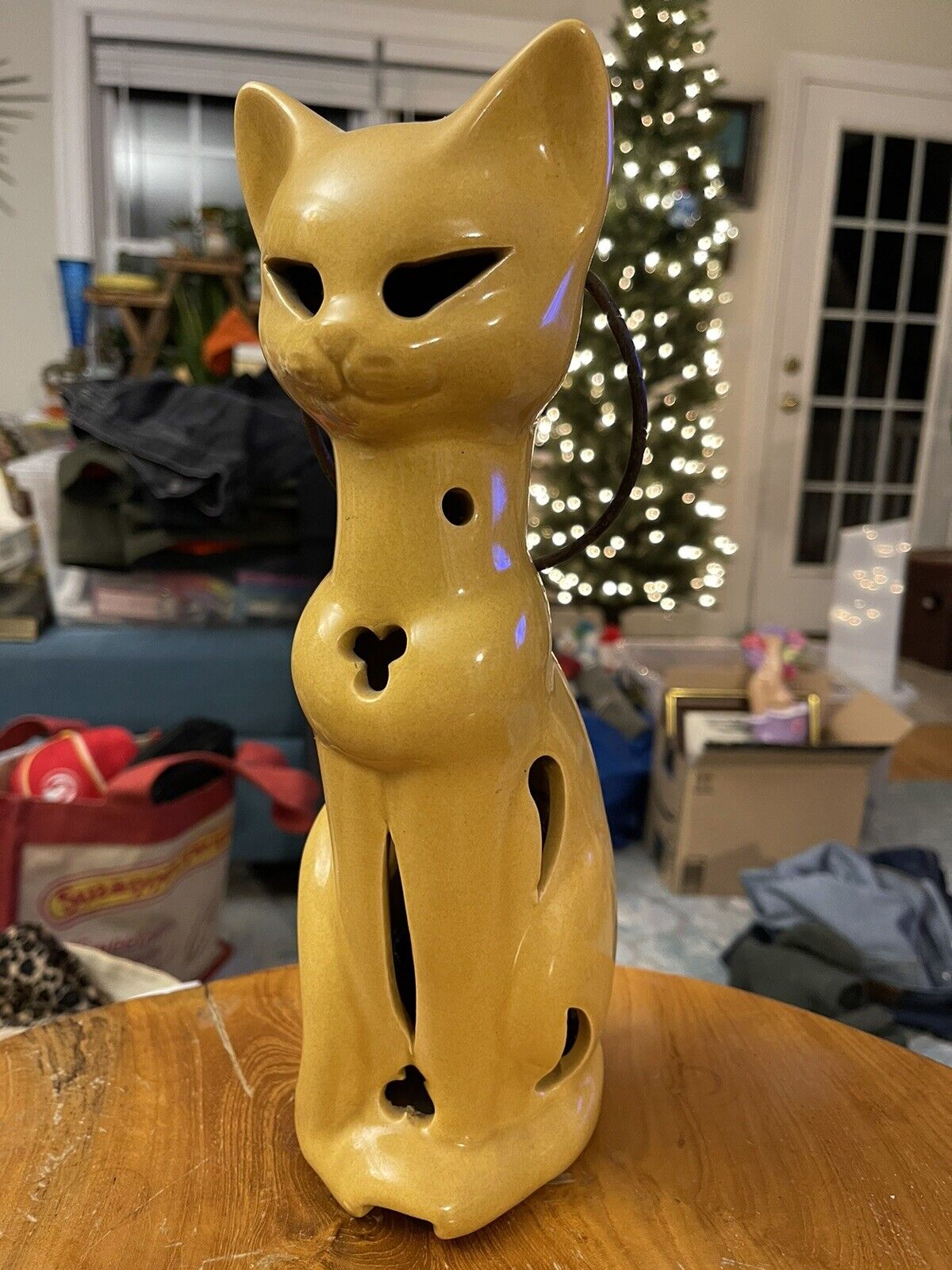 Vintage MCM Ceramalite Ceramic Hanging Cat Lantern Glows GITD Yellow