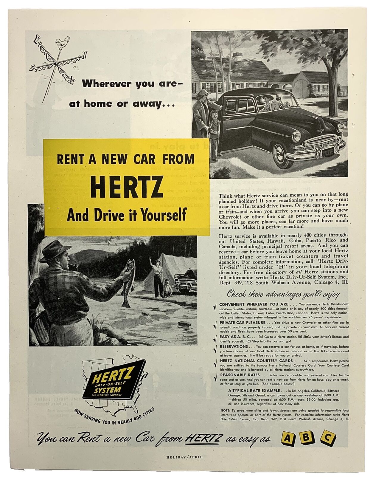 Magazine Ad Vintage 1949 Hertz Car Rental • Rent A New Car From Hertz & Drive It