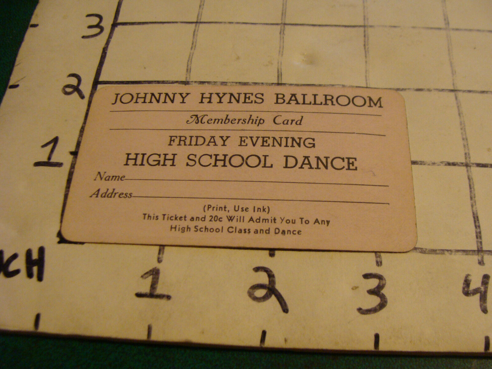 vintage original paper: JOHNNY HYNES BALLROOM HIGH SCHOOL DANCE TICKET
