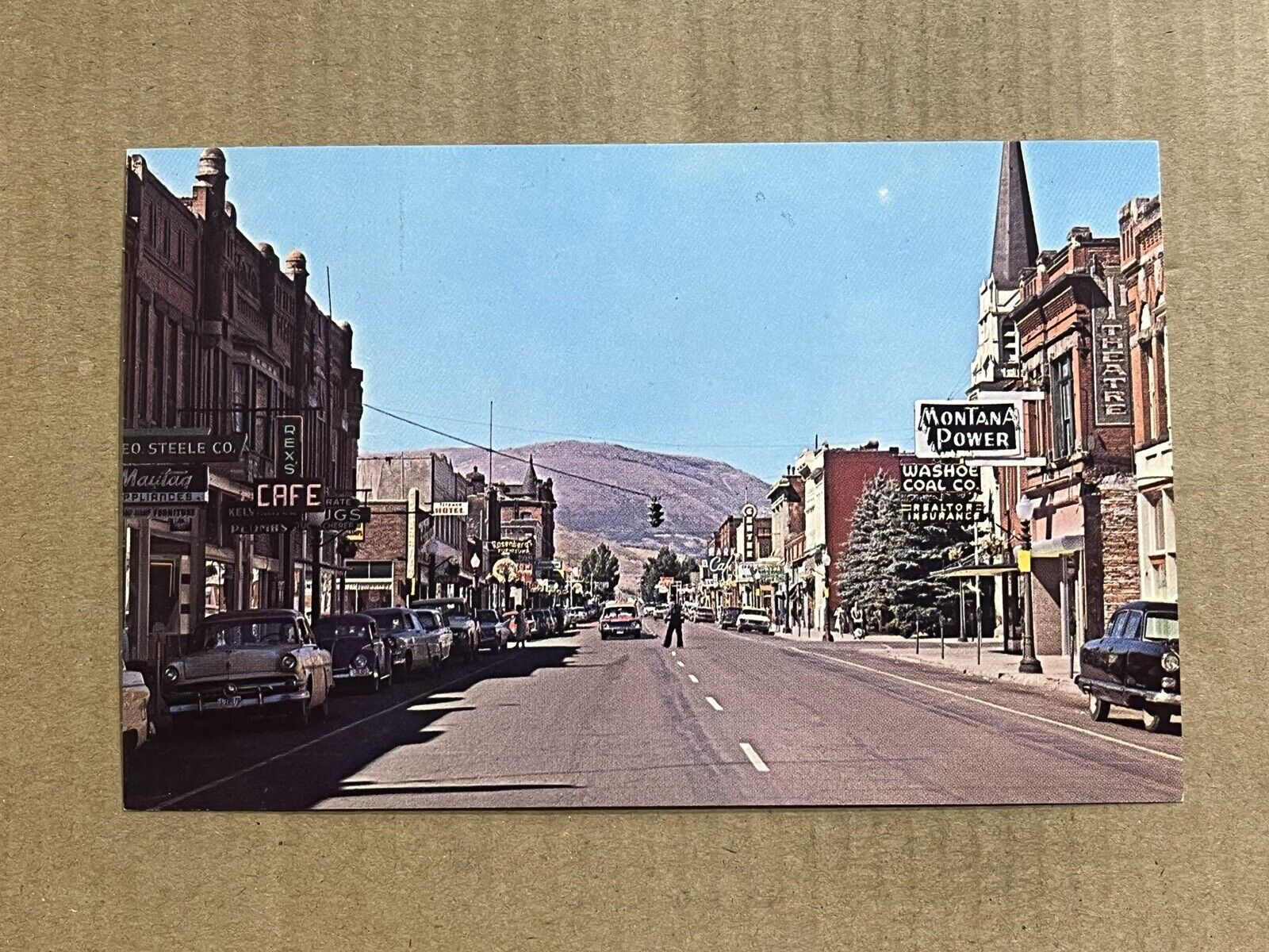 Postcard Anaconda MT Montana Main Street Scene Old Cars Cafe Washoe Coal Vintage