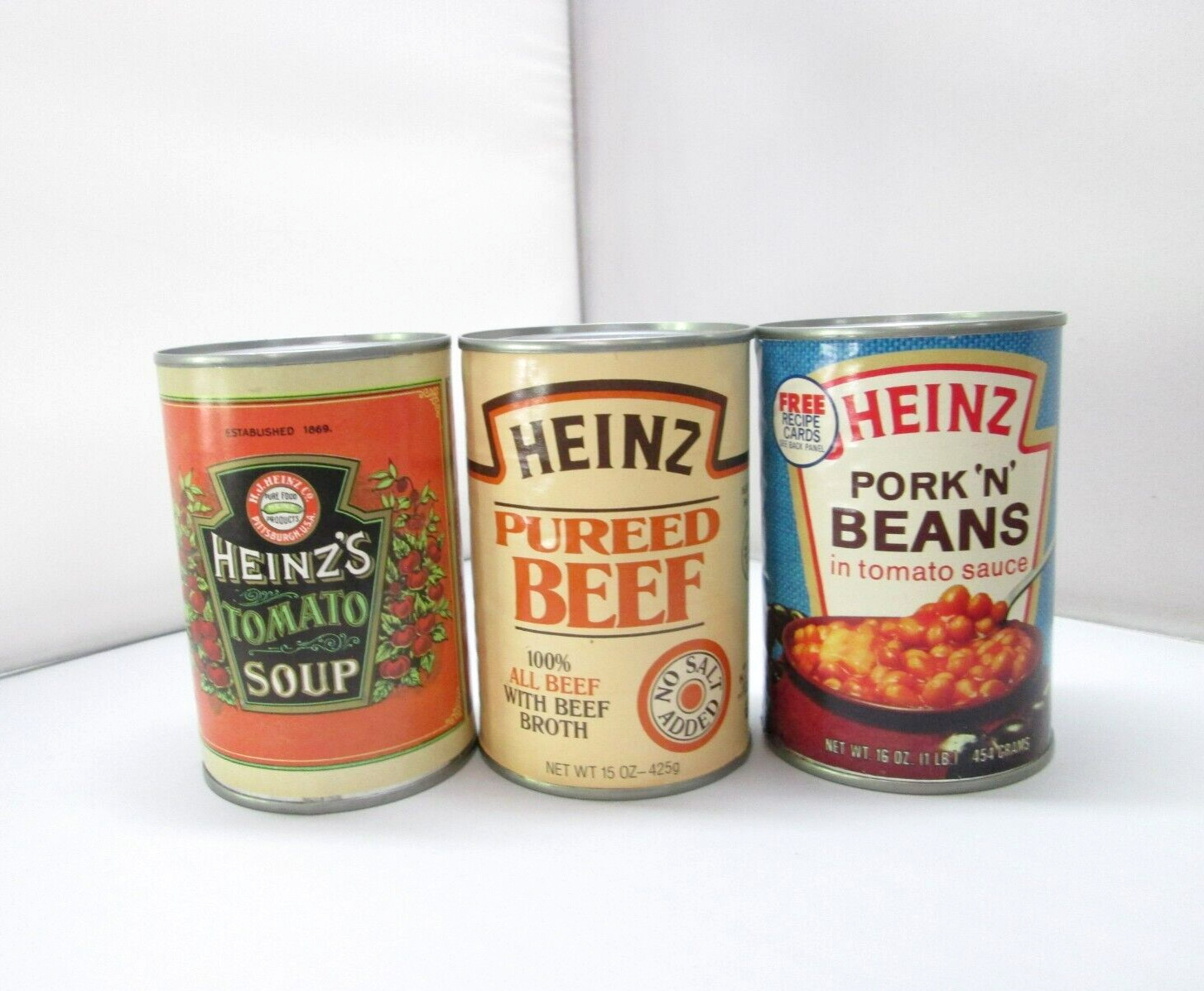 Vintage 1980’s (3) Heinz Tin Can Coin Banks Tomato Soup, Pork \'N\' Beans and Beef