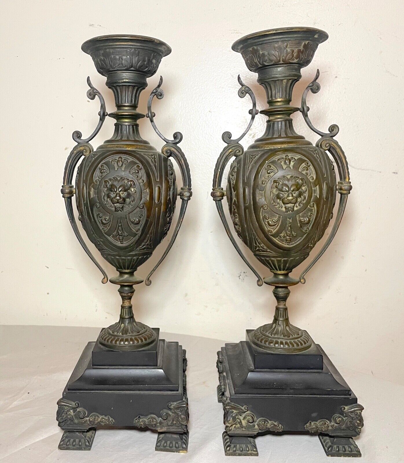 pair antique 1800's Victorian bronze marble figural lion garnitures ewer vase