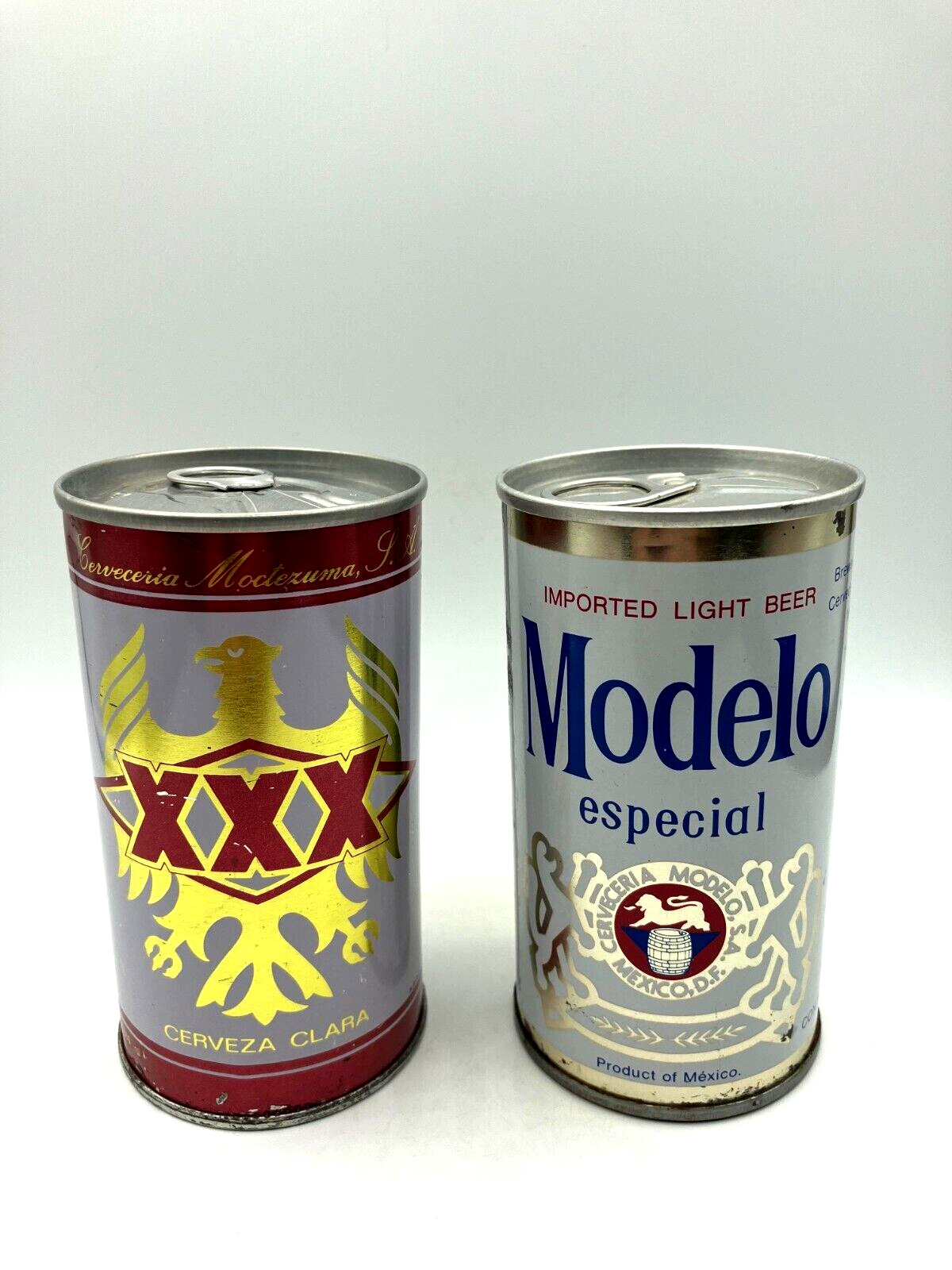 Sharp old pair of 12oz MEXICO BO\'d SS  Pull Tab Beer Cans - (MODELO & XXX)