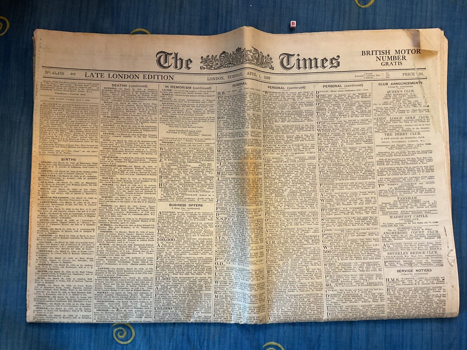 THE TIMES , April 1st 1930,  ORIGINAL NEWSPAPER , Great Adverts , Harrods Etc