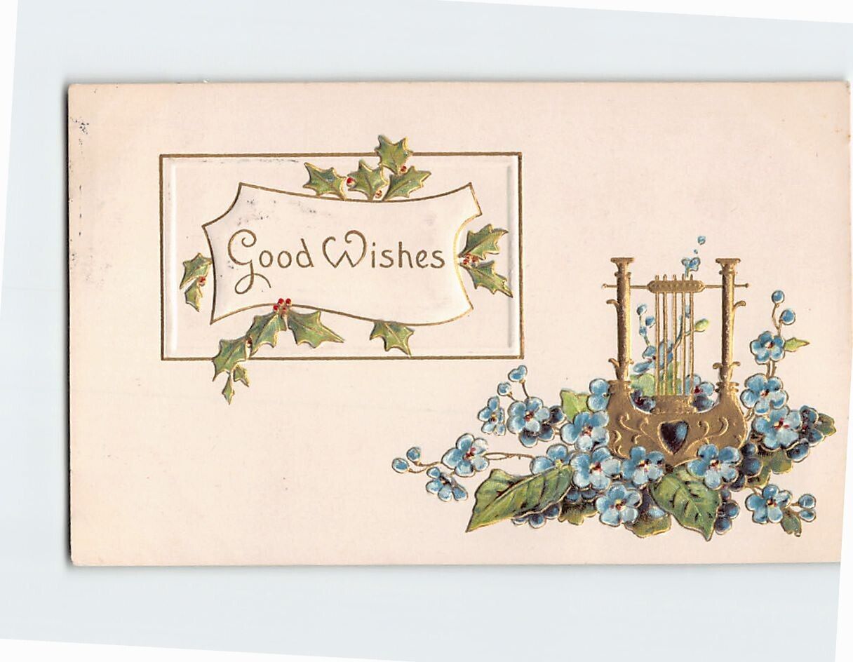 Postcard Good Wishes Flower Art Print Embossed Card