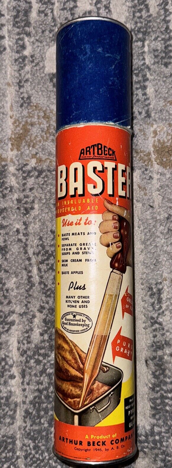  VINTAGE/ANTIQUE 1946 ARTBECK PYREX GLASS/RUBBER 12” BULB BASTER IN ORIG BOX