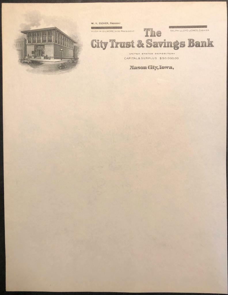Frank Lloyd Wright Designed 1920's Letterhead of City Trust Bank Mason City, Ia