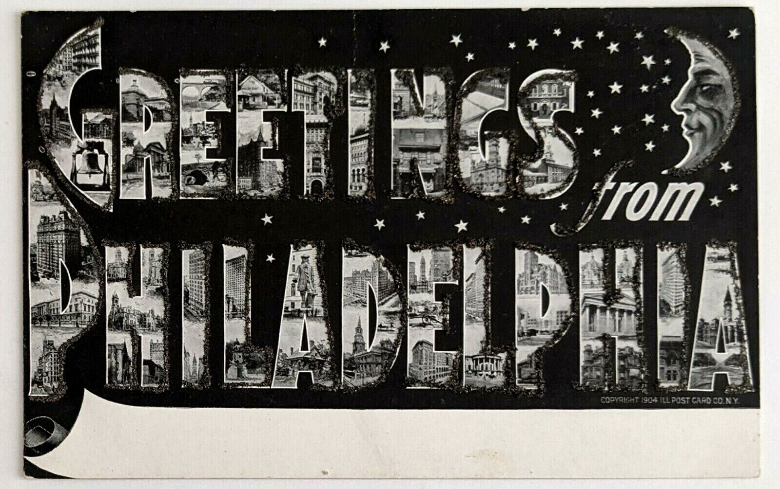 1904 Greetings From Philadelphia Large Letter Buildings Moon Postcard PA Vintage