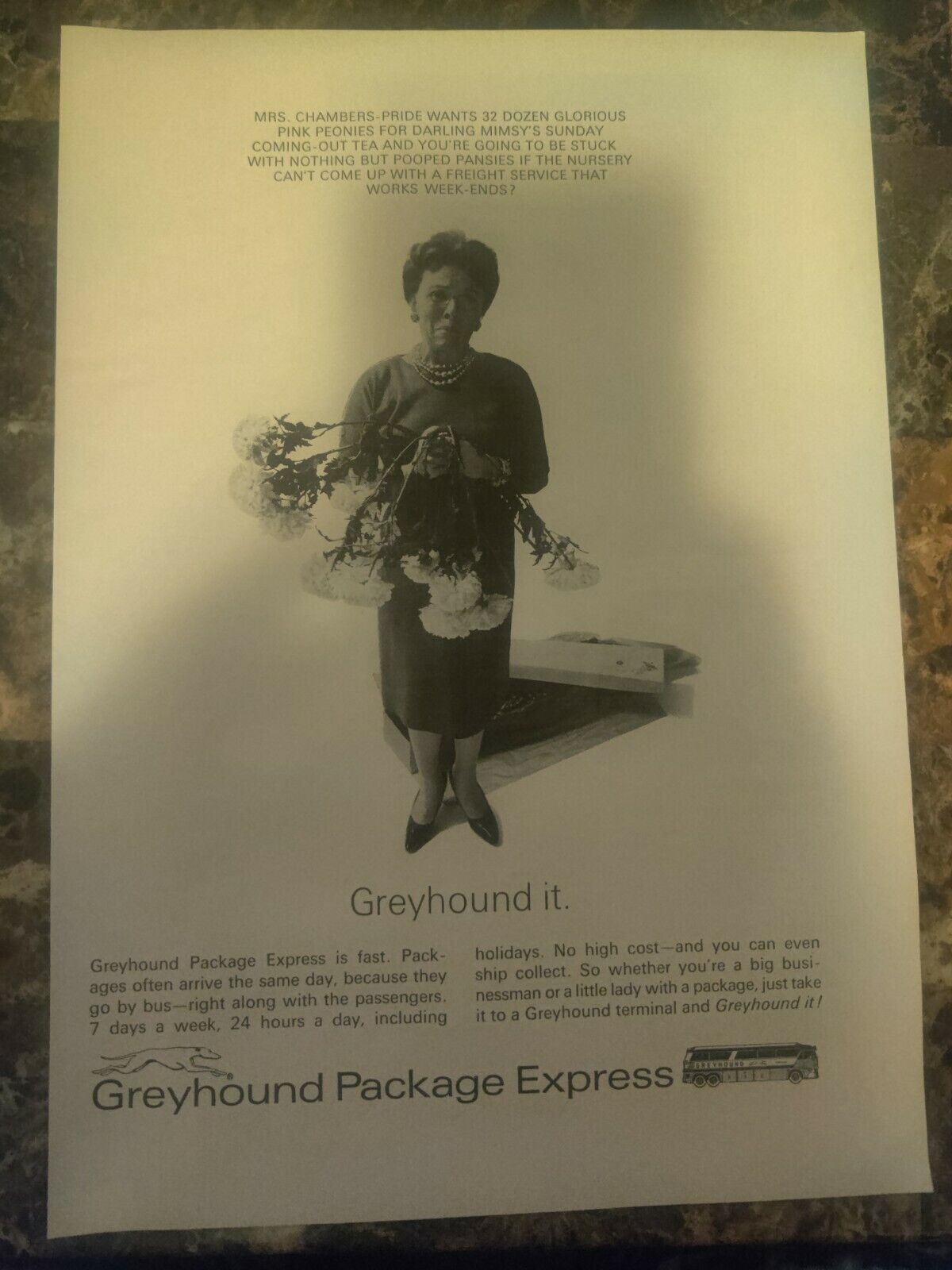 Greyhound Package Express Ad 1970 Bus Wilted Flowers Vintage Magazine Print