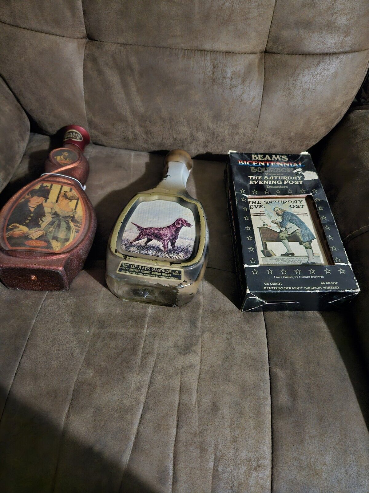 3  Vintage Jim Beam/Beam\'s Choice Decanter Bottles. 1 IOB, ALL WITH LOT NUMBERS