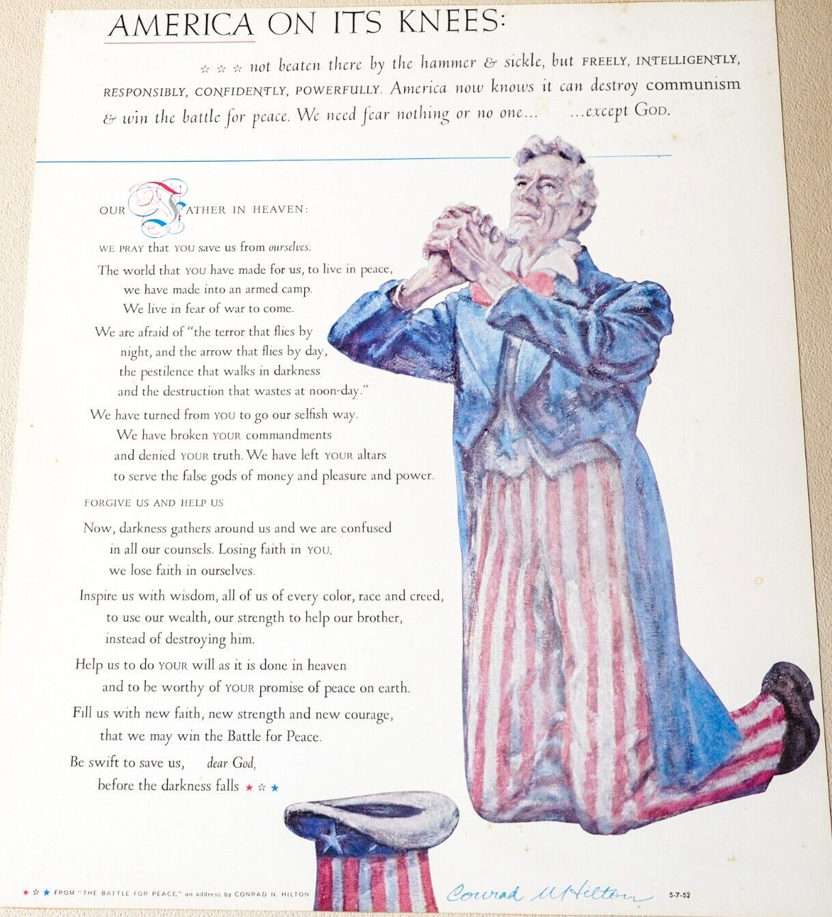1952 America on It\'s Knees Abraham Lincoln Praying Conrad Hilton Address Poster
