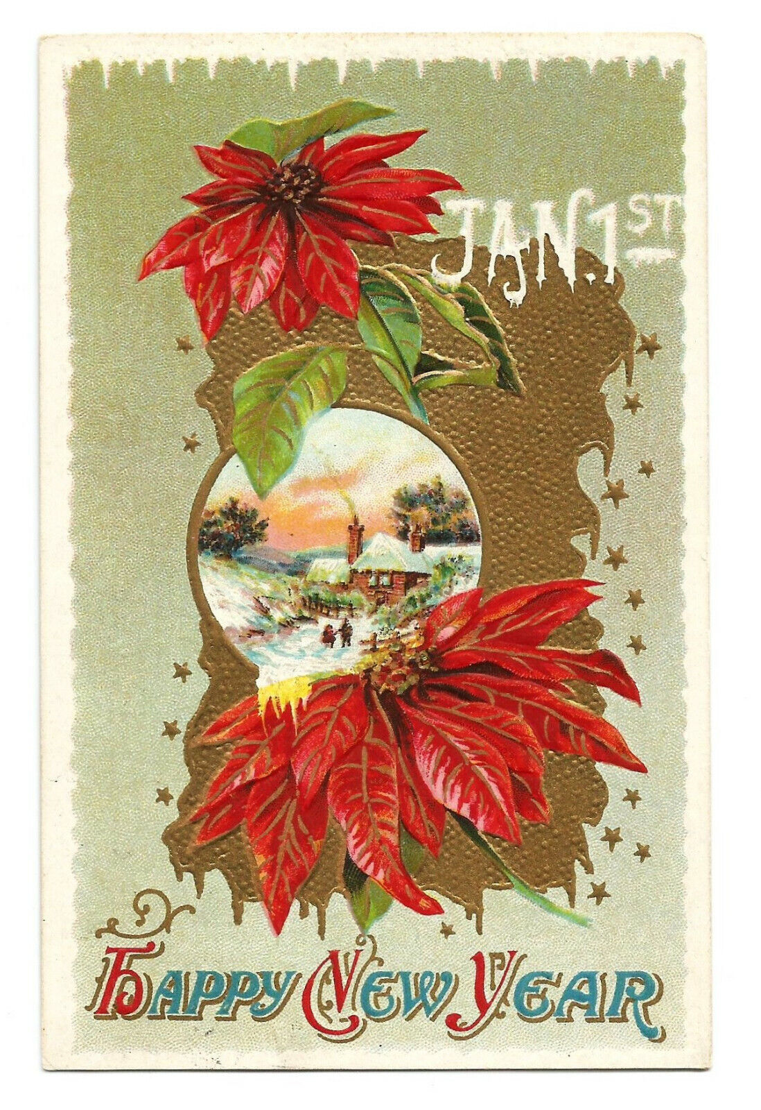 Happy New Year Postcard Poinsettias Embossed c1910 DUBOISTOWN PA
