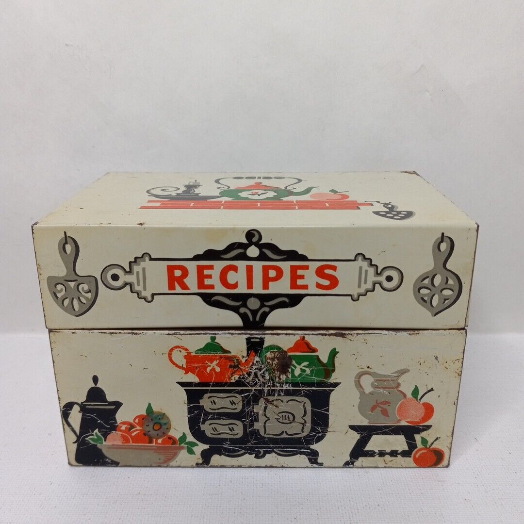 Vintage Stylecraft Recipe Box Tin Metal  Cast Iron kitchen Stove 805 Baltimore