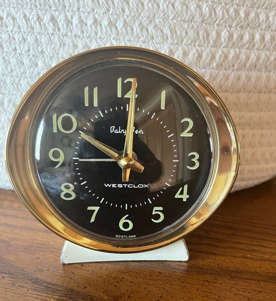 Vintage Scotland Westclox Baby Ben Alarm Clock Cream & Brass Glow