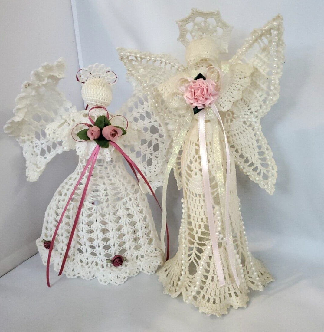Lot of 2 Vintage Handmade Crocheted Starched Angel Tree Topper/Cake/Table Topper