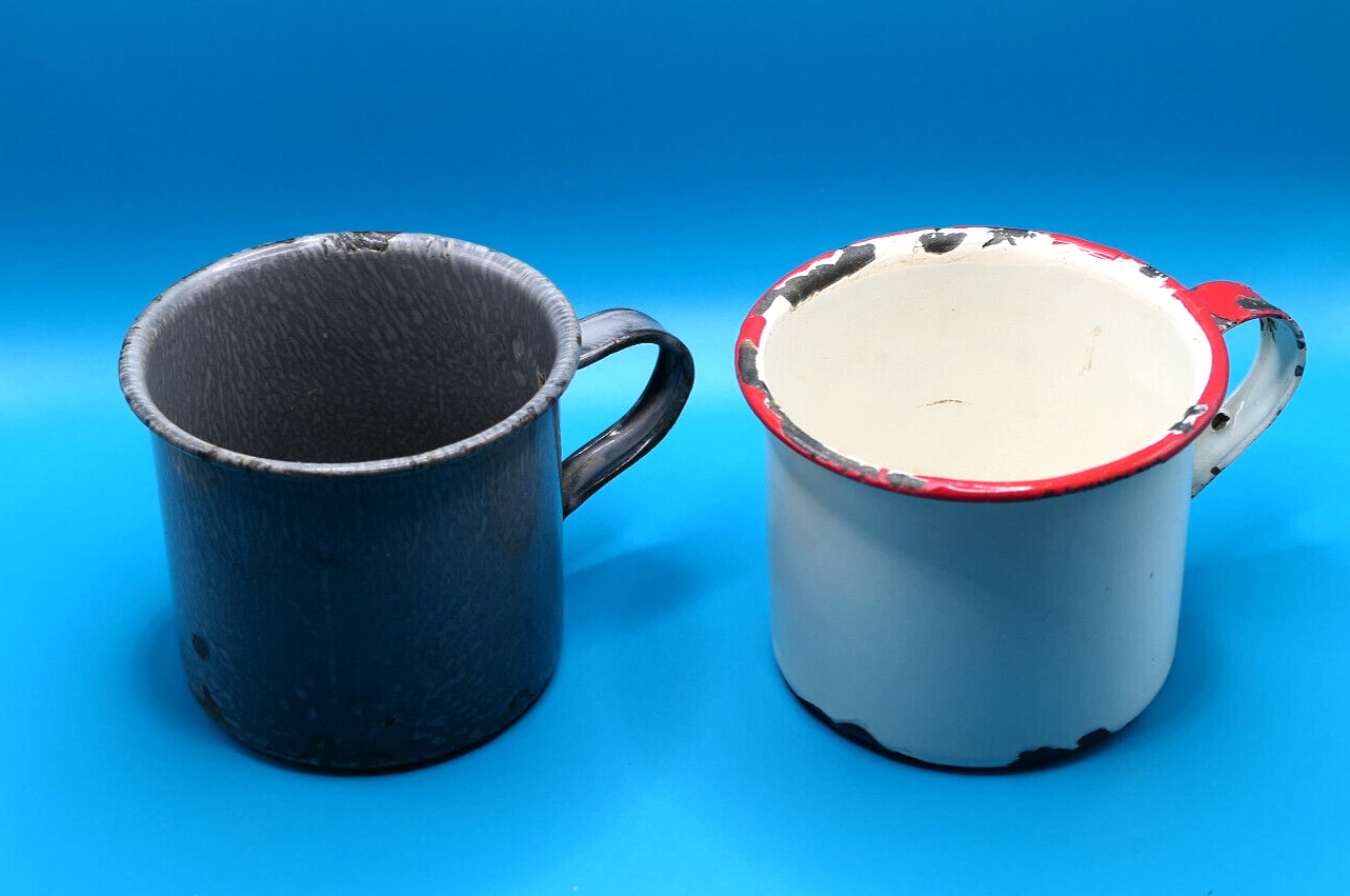 2 Vintage Enamelware Metal Mugs Cups - White & Grey