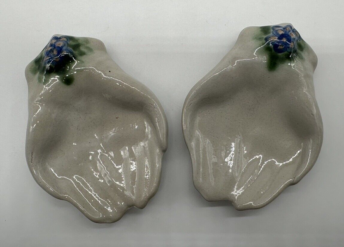 2 MA Hadley Pottery Stoneware Open Hands Soap Trinket Ring Dish Blue Flower