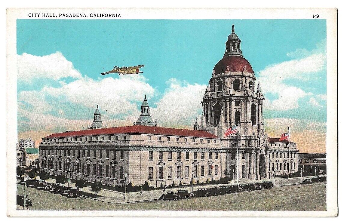 Pasadena California c1920\'s City Hall building, vintage car, airplane