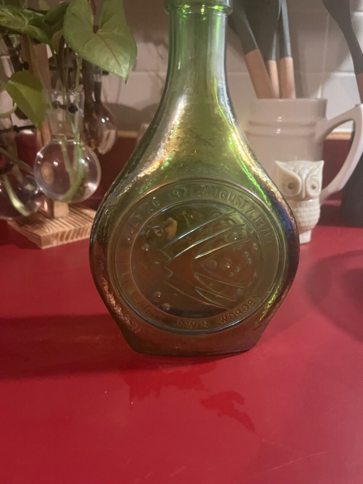 Wheaton Green Glass Apollo 15 The Merry Moon Mobile Carnival Decanter Bottle Vtg