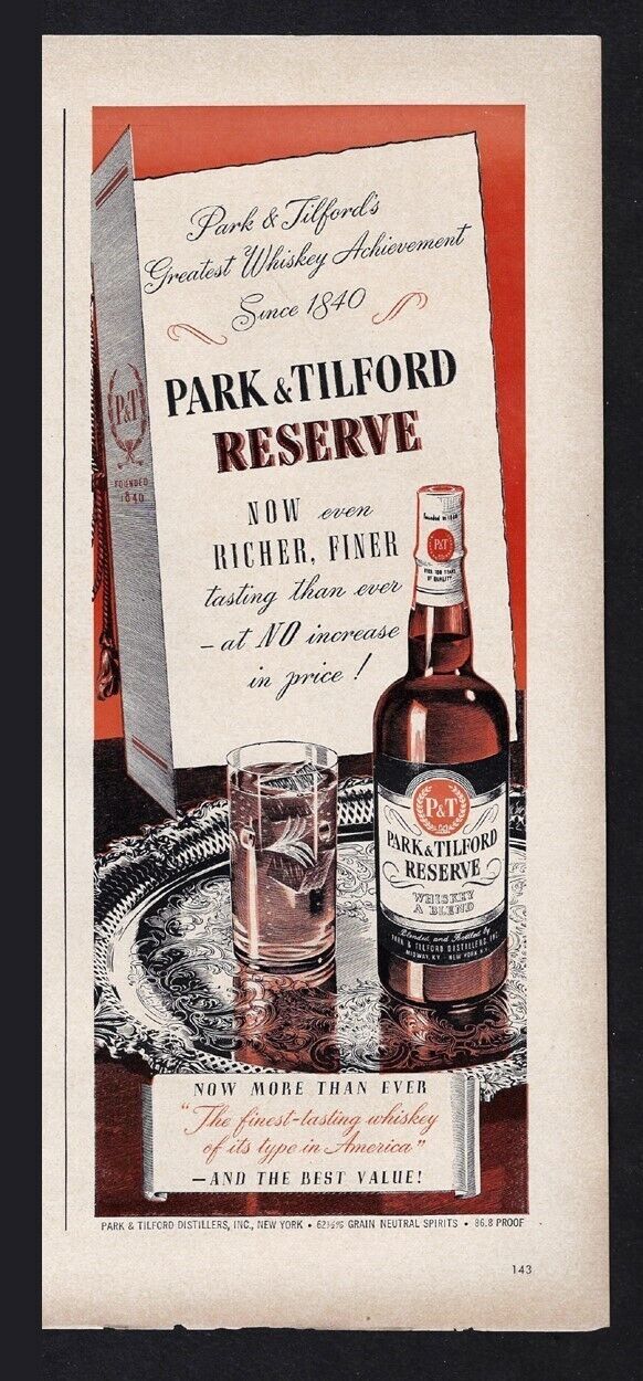 1948 PARK & TILFORD RESERVE Whiskey Ad \