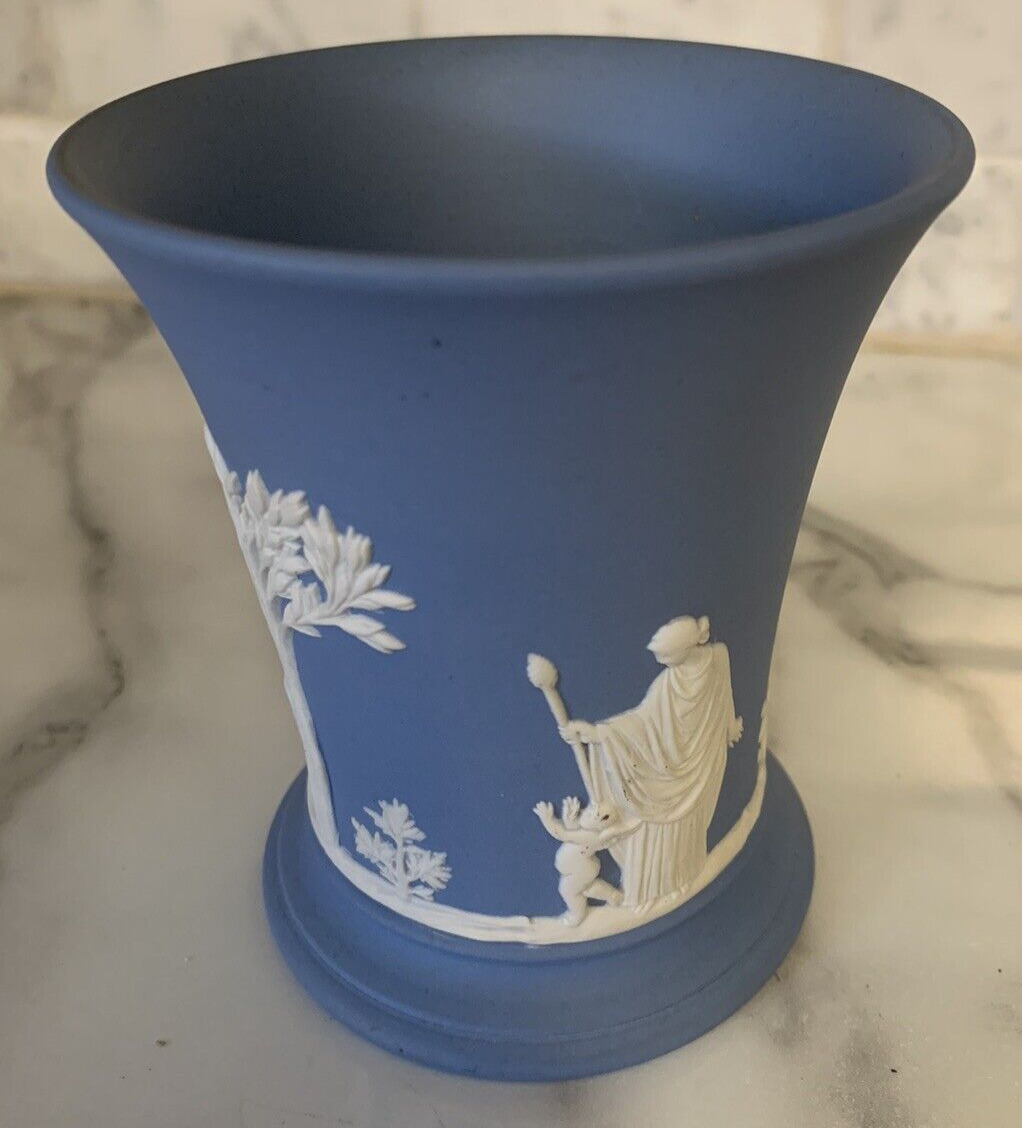 Staffordshire England Vintage 1950's Wedgewood Jasper Blue Flare Vase Classical