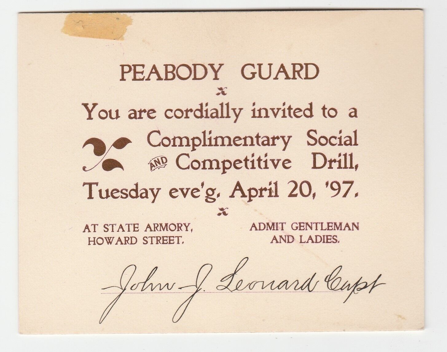 1897 Peabody Guard, MA Militia social & competitive drill invitation Springfield