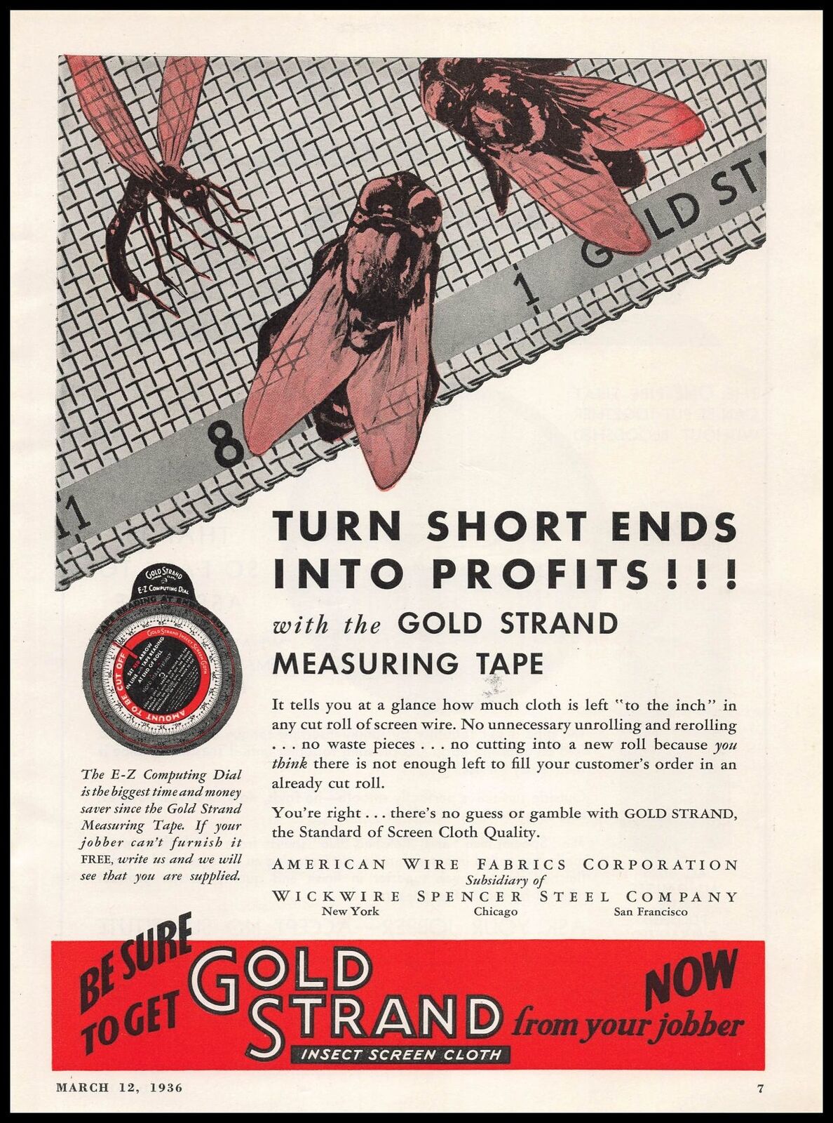 1936 American Wire Fabrics Wickwire Spencer Gold Strand Measuring Tape Print Ad