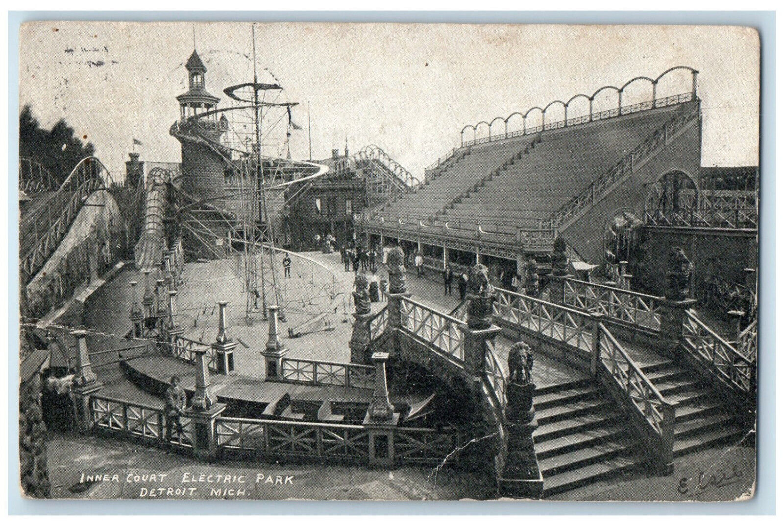 1906 View Of Inner Court Electric Park Detroit Michigan MI Antique Postcard