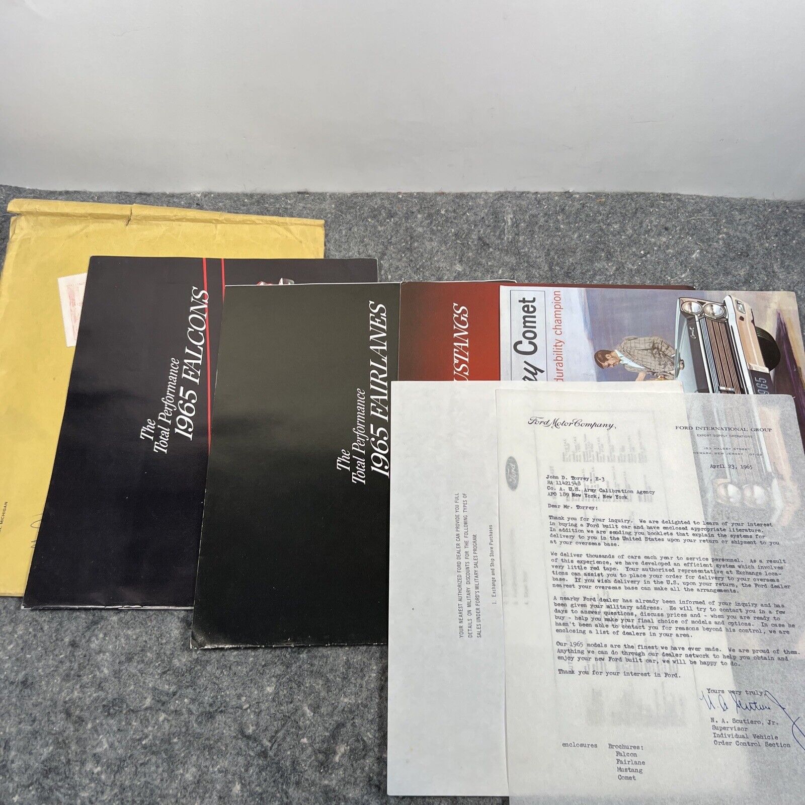 Vtg Orig 1965 Ford Brochures w/ Letter Envelope-Falcon, Fairlane, Mustang, Comet