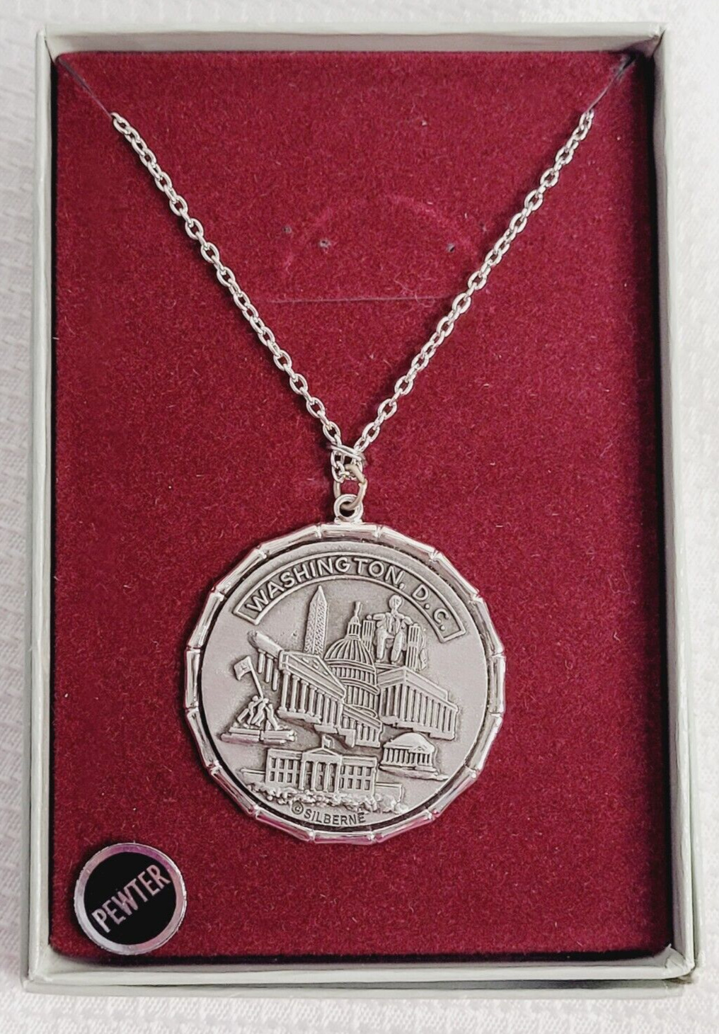 Vintage Silberne Pewter Washington DC Souvenir Medallion Necklace Original Box
