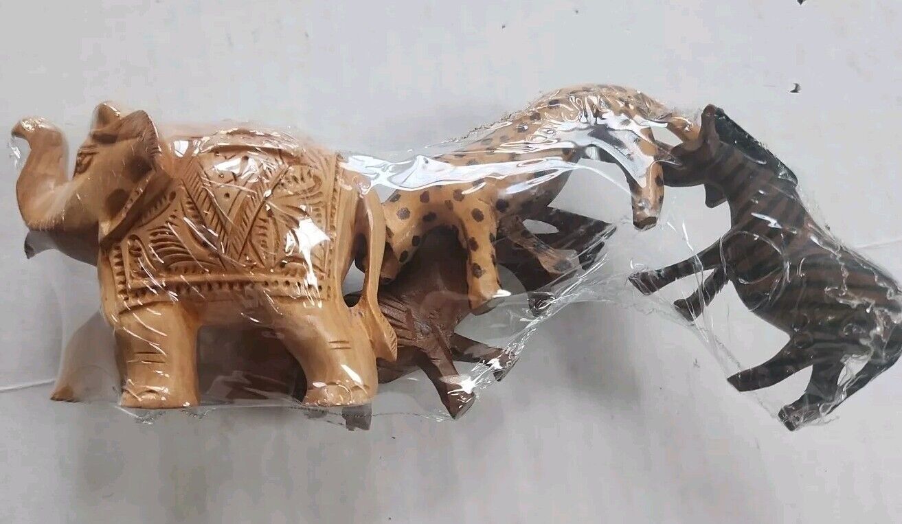 Mini Hand Carved Wood Safari Animals, Set of 4 Elephant Lion Horse Cheetah