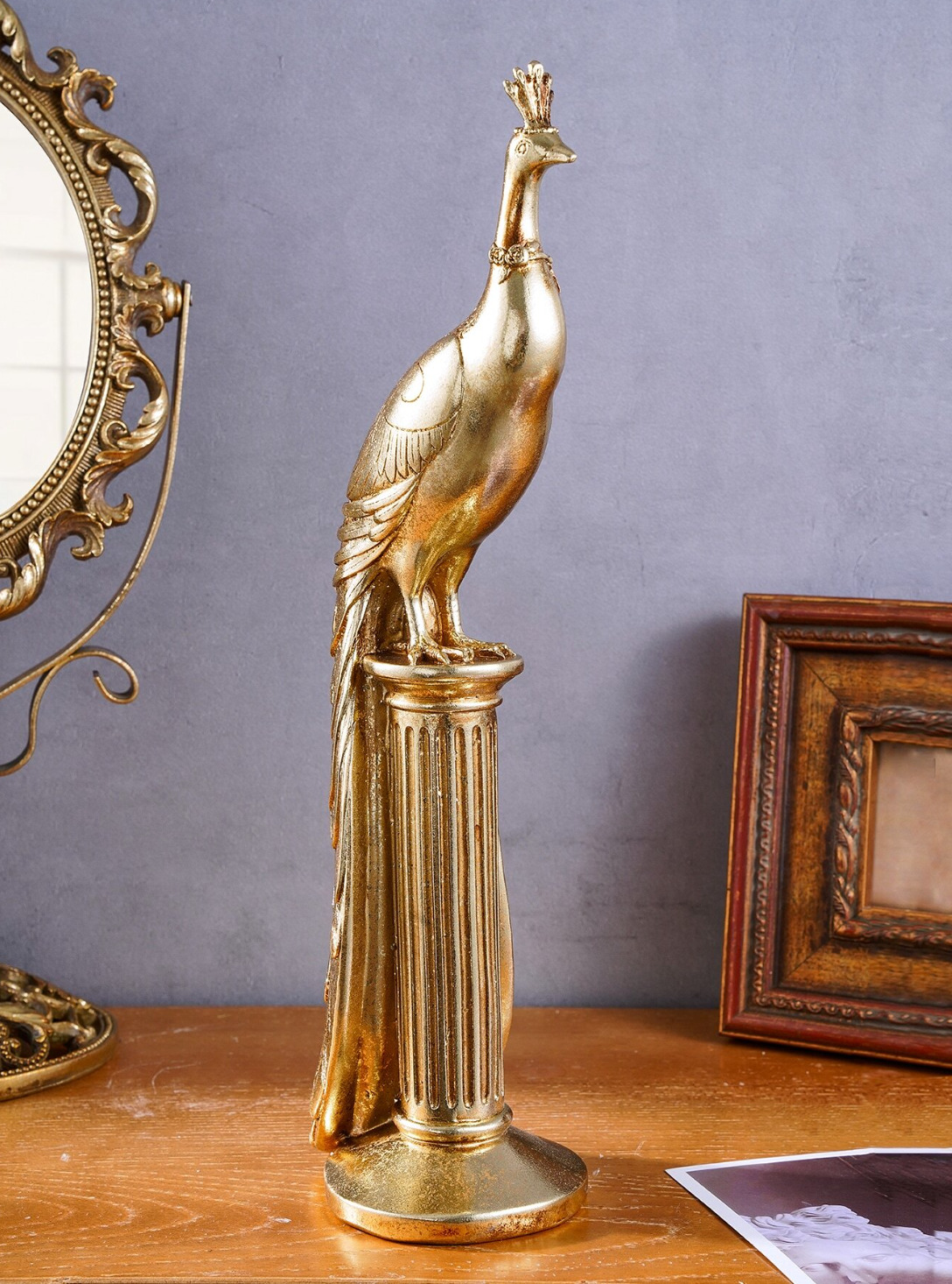 Peacock Statue Decorative Figurine Vintage Style With Hanging Tail Home Decor
