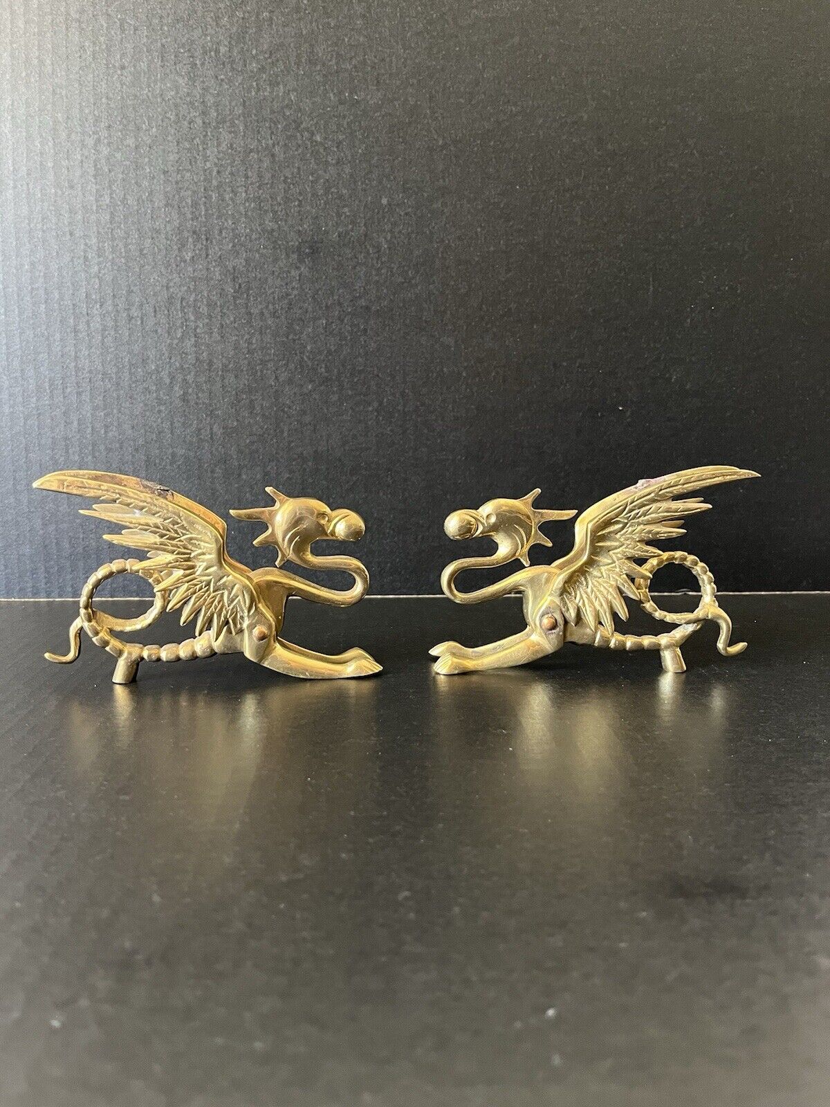 Pair Of Antique Solid Brass Dragons/Griffins 