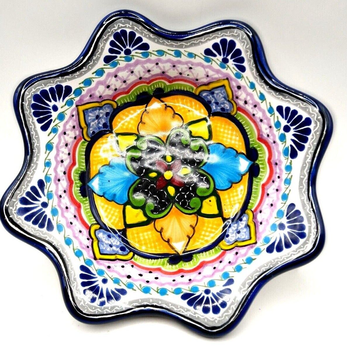 Vintage Talavera Hernandez Pue Mexico Signed Scalloped Plate Blue Yellow Green6\