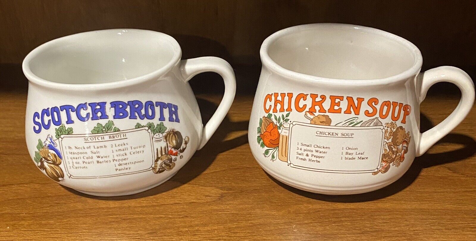 Vintage Stoneware Recipe Mugs Chicken Soup Scotch Broth Set of 2