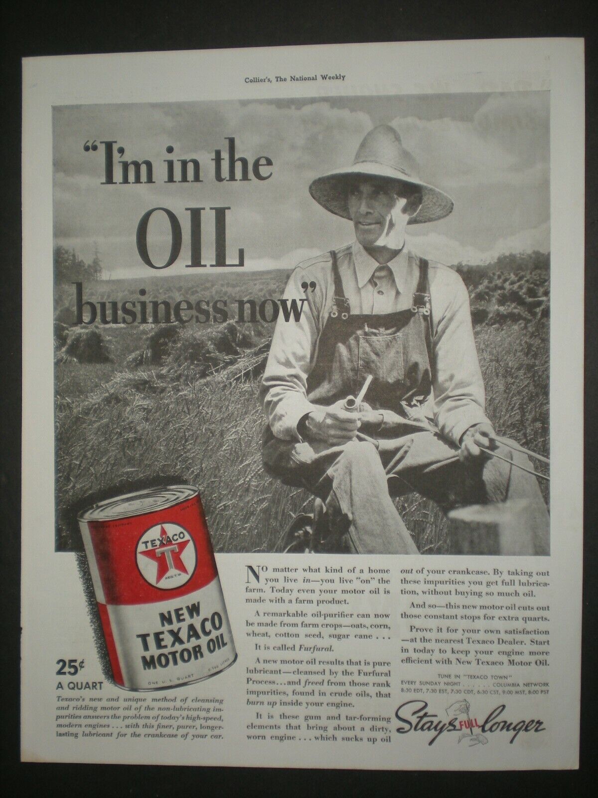 1937 NEW TEXACO MOTOR OIL CAN FARMER photo print ad