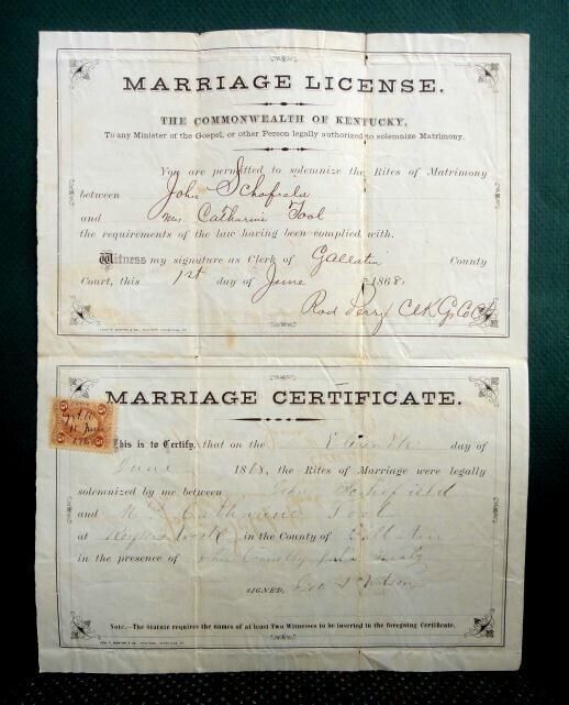 1868 antique MARRIAGE LICENSE gallatin ky SCHOFIELD/TOOL revenue stamp