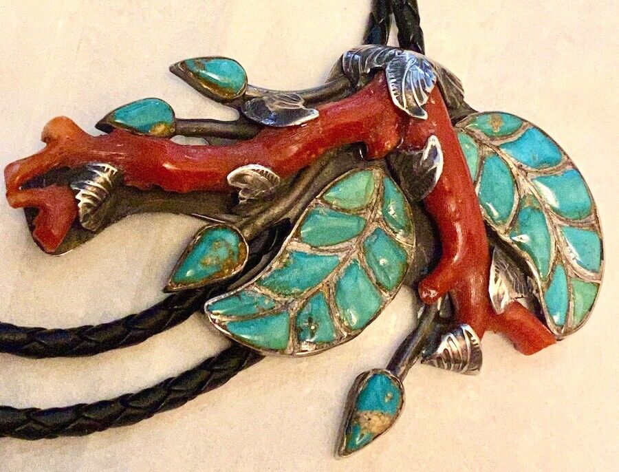 Important Best Early Zuni Dan Simplicio Large Bolo Inlaid Leaves Coral Turquoise