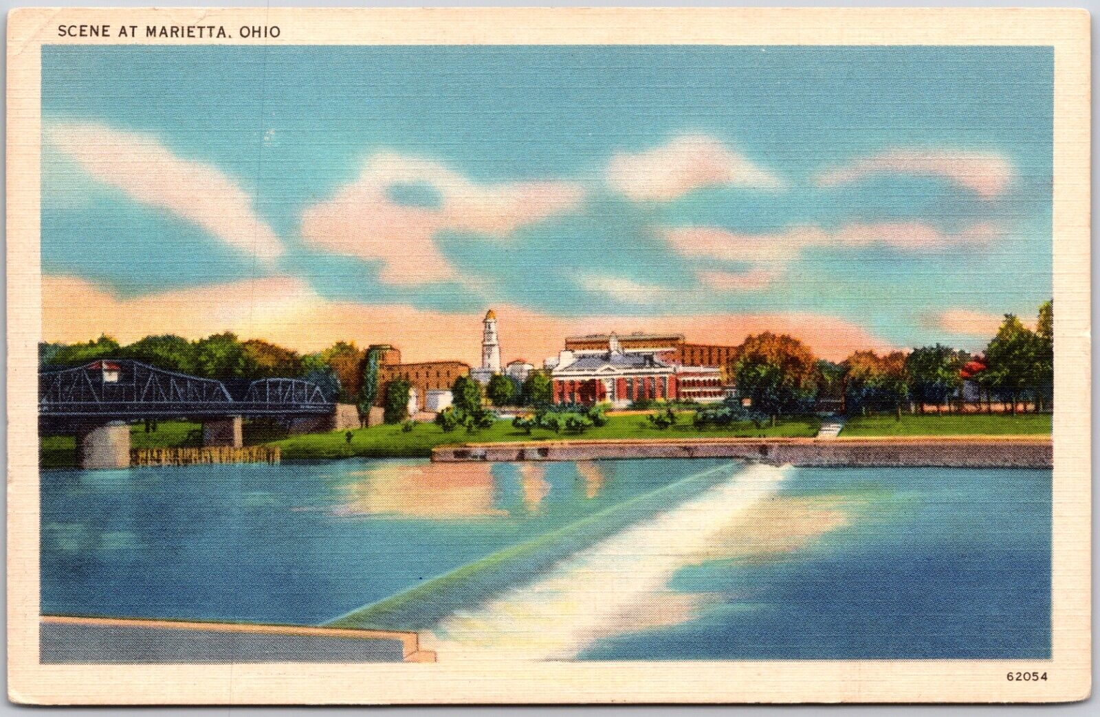 Vtg School on the River Next to Bridge Marietta Ohio Postcard
