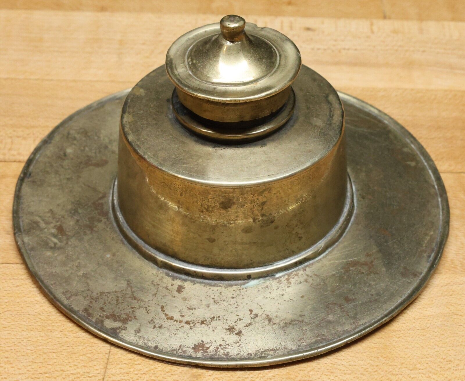 Antique Primitive Nickel Silver or Pewter Inkwell