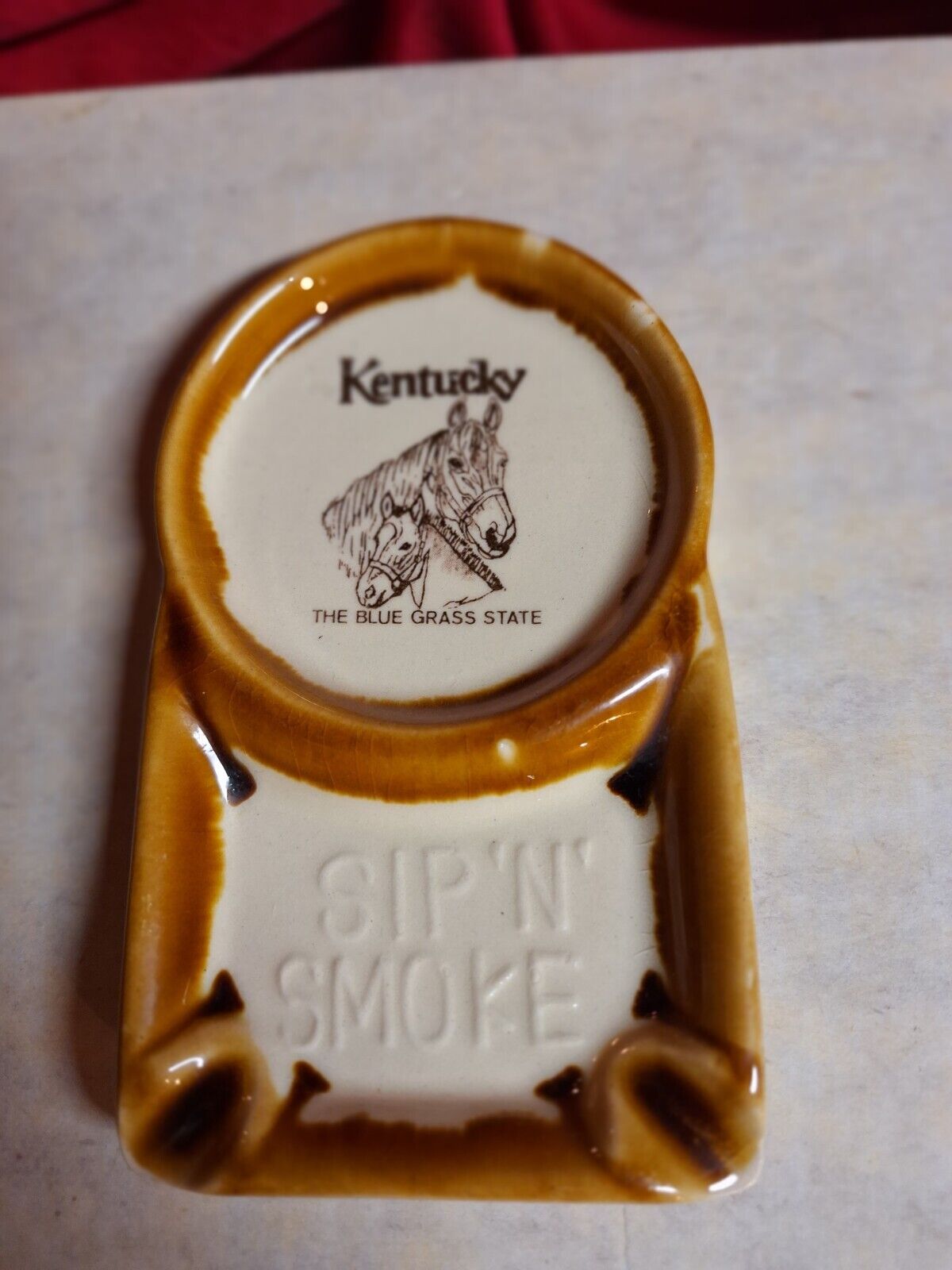 Vintage Kentucky souvenir ashtray Sip 'N' Smoke ceramic cream color with light